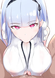 Rule 34 | 1boy, 1girl, azur lane, breasts squeezed together, breasts, clothed sex, clothing cutout, dido (azur lane), donutman, fellatio, fellatio over clothes, hetero, highres, huge breasts, large breasts, maid, oral, paizuri, paizuri under clothes, penis, pov, purple eyes, solo focus, underboob, underboob cutout, white hair