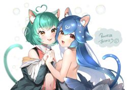 Rule 34 | 2girls, ahoge, animal ear fluff, animal ears, backless dress, backless outfit, bao (vtuber), bao (vtuber) (1st costume), black jacket, blue hair, breasts, brown eyes, bubble, cat ears, cat girl, commentary, crop top, dress, english commentary, fangs, girl dm, girl dm (1st costume), green hair, grey dress, heart, heart ahoge, heart hair, highres, holding hands, indie virtual youtuber, jacket, long hair, looking at viewer, medium breasts, midriff, multiple girls, navel, off shoulder, open hands, saitou (lynx-shrike), second-party source, short hair, small breasts, smile, very long hair, virtual youtuber