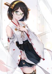 Rule 34 | 10s, 1girl, aiguillette, anti (0324), bandages, bare shoulders, black hair, black skirt, black thighhighs, blue eyes, collarbone, curtains, detached sleeves, glasses, green-framed eyewear, green eyes, hand on own chest, head tilt, headgear, highres, indoors, japanese clothes, jewelry, kantai collection, kimono, kirishima (kancolle), kirishima kai ni (kancolle), light smile, long sleeves, no legwear, nontraditional miko, parted lips, petals, pink lips, pleated skirt, red ribbon, ribbon, ribbon-trimmed sleeves, ribbon trim, ring, sarashi, semi-rimless eyewear, short hair, skirt, sleeveless, sleeveless kimono, solo, teeth, thighhighs, under-rim eyewear, wedding band, wide sleeves, zettai ryouiki