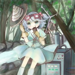 Rule 34 | 1girl, backpack, bad id, bad pixiv id, bag, blue eyes, blue hair, blush, female focus, forest, gloves, goggles, hair bobbles, hair ornament, kawashiro nitori, key, machine, matching hair/eyes, morikawanano, nature, skirt, solo, stream, touhou, twintails, two side up, water