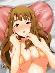 Rule 34 | 1girl, bare shoulders, bikini, blush, breasts, brown hair, cleavage, collarbone, commentary, dated, hands up, happy birthday, heart, heart-shaped pillow, highres, idolmaster, idolmaster million live!, large breasts, long hair, looking at viewer, lying, micro bikini, miyao miya, nose blush, on back, open mouth, orange bikini, pillow, ponpon, signature, solo, string bikini, swimsuit, thick eyebrows, tongue, underboob, upper body