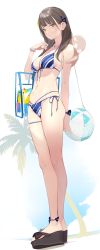 Rule 34 | 1girl, ama mitsuki, anklet, bag, ball, bare arms, bare legs, bare shoulders, beachball, bikini, blue bikini, bracelet, breasts, brown eyes, brown hair, collarbone, front-tie bikini top, front-tie top, full body, hair ornament, halterneck, highres, holding, holding ball, jewelry, long hair, looking at viewer, medium breasts, navel, original, palm tree, side-tie bikini bottom, solo, standing, string bikini, swimsuit, thigh strap, tree, volleyball, volleyball (object), wristband