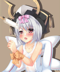 Rule 34 | 1girl, bdsm, blush, bondage, bound, bound wrists, bow, breasts, character request, collarbone, food, food on face, frills, fujieda uzuki, grey background, hair bow, hands up, hat, ice cream, looking to the side, messy, one-piece swimsuit, open mouth, own hands together, pink eyes, popsicle, red eyes, rinkou no lemuria, school swimsuit, see-through, sexually suggestive, shadow, short hair, silver hair, simple background, small breasts, suggestive fluid, swimsuit, tongue, tongue out, upper body, wet, wet clothes, white one-piece swimsuit, white school swimsuit
