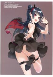 Rule 34 | 1girl, :d, absurdres, anklet, black dress, blue hair, blunt bangs, breasts, brown eyes, brown hair, demon horns, demon tail, demon wings, dress, fangs, from behind, hair bun, hairband, high heels, highres, horns, jewelry, kani biimu, long hair, love live!, love live! school idol festival, love live! sunshine!!, medium breasts, multiple girls, nail polish, neckerchief, no panties, open mouth, red eyes, red nails, side bun, simple background, single side bun, smile, solo, standing, standing on one leg, tail, thigh strap, thighlet, thighs, tsushima yoshiko, wings