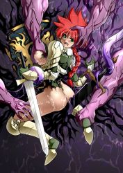 Rule 34 | 1girl, angry, armor, ass, braid, grabbing another&#039;s breast, breasts, broken armor, defeat, grabbing, green eyes, groping, hand on head, knight, large breasts, leg grab, monster, nipples, red hair, restrained, souryu, sword, tentacles, torn clothes, warrior, weapon