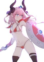Rule 34 | 1girl, absurdres, armor, bikini armor, black horns, black thighhighs, breasts, elizabeth bathory (brave) (fate), elizabeth bathory (fate), fate/grand order, fate (series), hair between eyes, highres, holding, holding sword, holding weapon, horns, long hair, looking away, looking to the side, loose bikini, navel, no tail, otomo, pink hair, pointy ears, red armor, shield, simple background, small breasts, solo, stomach, sword, thighhighs, thighs, weapon, white background