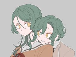 Rule 34 | 2girls, artist request, bang dream!, green hair, grey background, head on another&#039;s shoulder, height difference, hikawa hina, hikawa sayo, long hair, looking at another, multiple girls, sailor collar, school uniform, short hair, siblings, sisters, smile, twins, upper body, yellow eyes