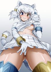 Rule 34 | 1girl, animal ears, animal print, armband, bangle, blue eyes, blush, bracelet, breasts, brown eyes, byakko (kemono friends), cat girl, collared shirt, covering privates, covering crotch, cowboy shot, extra ears, from below, gloves, gluteal fold, gradient background, grey hair, grin, groin, hair ornament, hetero, highres, jewelry, kemono friends, lifting own clothes, long sleeves, looking at viewer, looking down, medium breasts, medium hair, microskirt, morimasakazu, multicolored hair, necktie, nipples, no bra, no panties, print shirt, print skirt, shiny skin, shirt, skirt, smile, solo, spread fingers, stomach, tail, thighhighs, tiger ears, tiger girl, tiger print, tiger tail, two-tone hair, two side up, upskirt, vest, white hair, white tiger print, wing collar