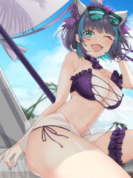 Rule 34 | 1girl, ;d, aqua eyes, azur lane, bikini, black choker, black hair, blue hair, blue sky, blunt bangs, breasts, bridal garter, cheshire (azur lane), cheshire (summery date!) (azur lane), choker, cleavage, cloud, commentary request, day, eyewear on head, fang, hair ornament, large breasts, looking at viewer, multicolored hair, navel, one eye closed, open mouth, parasol, shiruko (27anko), short hair, sitting, skin fang, sky, smile, solo, sunglasses, swimsuit, thighs, two-tone hair, umbrella