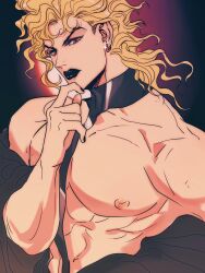Rule 34 | 1boy, abs, alternate costume, black lips, black nails, blonde hair, collarbone, commentary, dio brando, earrings, hand on own chin, highres, jewelry, jojo no kimyou na bouken, large pectorals, lipstick, long hair, makeup, male focus, mole, mole on ear, muscular, muscular male, nipples, parted lips, pectorals, red eyes, shenshan laolin, solo, stardust crusaders, stroking own chin, thinking