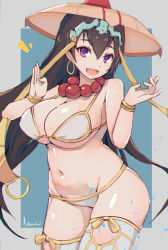 Rule 34 | 1girl, beads, bikini, bikini top only, blue background, blue eyes, breasts, brown hair, cleavage, cowboy shot, earrings, fate/grand order, fate (series), gold trim, hair between eyes, hoop earrings, jewelry, large breasts, long hair, looking at viewer, meow head, navel, necklace, open mouth, outside border, parted bangs, prayer beads, simple background, smile, solo, standing, swimsuit, thighhighs, very long hair, white bikini, xuangzang sanzang (fate)