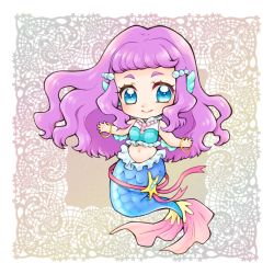 Rule 34 | 1girl, aizen (syoshiyuki), blue eyes, bracelet, chibi, closed mouth, crop top, frills, full body, gradient background, highres, jewelry, lace background, laura la mer, long hair, looking at viewer, mermaid, monster girl, multicolored background, pearl hair ornament, pink ribbon, precure, purple hair, ribbon, smile, solo, thick eyebrows, tropical-rouge! precure