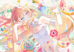 Rule 34 | 1girl, absurdres, blonde hair, blue eyes, blue nails, blush, cleavage cutout, clothing cutout, commentary request, cowboy shot, dress, floral background, flower, gradient hair, green eyes, grin, heterochromia, highres, long hair, looking at viewer, multicolored hair, multicolored nails, omutatsu, original, pink eyes, pink flower, red eyes, red nails, smile, upper body, very long hair, white dress, yellow nails
