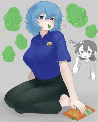 Rule 34 | 2girls, absurdres, best buy, black hair, black pants, blue eyes, blue hair, blue shirt, breasts, candy, closed mouth, collared shirt, colored skin, commentary request, cookie (touhou), dual persona, english text, food, full body, gesuto (nicoseiga 122002102), grey shirt, hair between eyes, highres, kawashiro nitori, kofji (cookie), large breasts, looking at viewer, multiple girls, open mouth, pants, seiza, shirt, shirt tucked in, short hair, simple background, sitting, smile, sparkle, touhou, white skin
