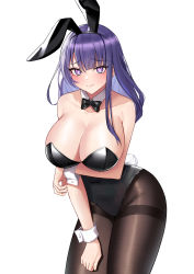 Rule 34 | 1girl, absurdres, alternate costume, animal ears, arm under breasts, armpit crease, bare shoulders, black bow, black bowtie, black leotard, bow, bowtie, braid, breast hold, breasts, brown pantyhose, cleavage, closed mouth, collar, commentary request, cowboy shot, detached collar, embarrassed, fake animal ears, fake tail, fine fabric emphasis, genshin impact, highleg, highleg leotard, highres, kirin3145, large breasts, leaning forward, leotard, long hair, looking at viewer, pantyhose, playboy bunny, purple eyes, purple hair, rabbit ears, rabbit tail, raiden shogun, raised eyebrows, shiny clothes, simple background, solo, strapless, strapless leotard, sweatdrop, tail, thighband pantyhose, white background, white collar, white wrist cuffs, wing collar, wrist cuffs