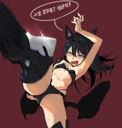 Rule 34 | 1girl, action, armpits, black hair, black shorts, blush, boots, breasts, commentary request, crotch, from below, girls&#039; frontline, headgear, highres, hong doo, judge (girls&#039; frontline), kicking, long hair, navel, open mouth, red background, sangvis ferri, short shorts, shorts, small breasts, solo, speech bubble, thigh boots, thighhighs, translation request, yellow eyes