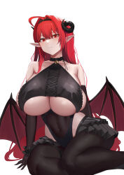Rule 34 | 1girl, absurdres, azur lane, bare shoulders, black headband, black horns, black pantyhose, breasts, center cross lace, center frills, clothing cutout, curled horns, demon girl, demon wings, feet out of frame, frilled gloves, frills, gloves, hair intakes, headband, highres, hindenburg (azur lane), horns, huge breasts, long hair, looking at viewer, pantyhose, pi pi, pointy ears, red eyes, red hair, simple background, solo, underboob, underboob cutout, very long hair, white background, wings