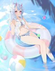 Rule 34 | 1girl, annlee, ball, bare arms, bare legs, bare shoulders, beachball, bikini, blue archive, blue bikini, blue hair, blush, breasts, chise (blue archive), chise (swimsuit) (blue archive), collarbone, day, flower, hair between eyes, hair flower, hair ornament, halo, highres, horns, innertube, knees together feet apart, legs, long hair, looking at viewer, navel, oni horns, open mouth, outdoors, partially submerged, red eyes, red horns, sailor collar, see-through, see-through camisole, side-tie bikini bottom, side ponytail, sitting, small breasts, soaking feet, solo, striped bikini, striped clothes, swim ring, swimsuit, thighs, two-tone bikini, v, water, white sailor collar