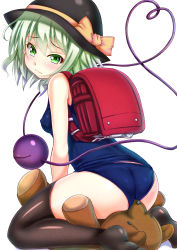 Rule 34 | 1girl, ass, backpack, bag, black thighhighs, blush, breasts, covered erect nipples, ebi 193, green eyes, green hair, hat, heart, heart of string, komeiji koishi, looking at viewer, matching hair/eyes, one-piece swimsuit, randoseru, school swimsuit, short hair, simple background, small breasts, solo, stuffed animal, stuffed toy, swimsuit, team shanghai alice, teddy bear, thighhighs, third eye, touhou, white background