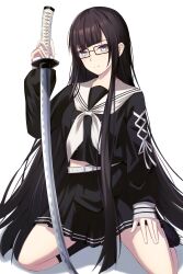 1girl black-framed_eyewear black_hair black_serafuku black_shirt black_skirt black_socks closed_mouth cross-laced_clothes cross-laced_sleeves fate/grand_order fate_(series) frown glasses grey_eyes hand_up highres holding holding_sword holding_weapon katana kneehighs kurohime_(fate) long_hair long_sleeves miniskirt neckerchief pleated_skirt puffy_long_sleeves puffy_sleeves rectangular_eyewear sailor_collar sandanjuu scar scar_across_eye school_uniform seiza serafuku shirt simple_background single_kneehigh single_sock sitting skirt socks solo sword weapon white_background white_neckerchief white_sailor_collar