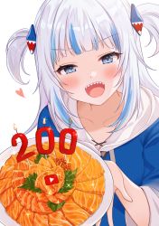 Rule 34 | 1girl, :d, blue eyes, blue hair, blush, candle, commentary, food, gawr gura, hair ornament, highres, hololive, hololive english, looking at viewer, medium hair, milestone celebration, multicolored hair, open mouth, plate, pn (wnsl216), sharp teeth, silver hair, simple background, smile, solo, streaked hair, teeth, two side up, upper body, virtual youtuber, white background, youtube logo