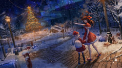 Rule 34 | 2girls, antlers, aurora, bare legs, bare tree, black footwear, blue eyes, blurry, blurry foreground, boots, brown hair, building, capelet, child, christmas, christmas lights, christmas tree, commentary request, depth of field, dress, dutch angle, elbow gloves, forest, fur trim, gloves, hair ribbon, hat, highres, holding, holding hands, holding sack, horns, house, ji dao ji, lamppost, long hair, looking at another, looking up, multiple girls, nature, night, night sky, original, outdoors, pavement, pointing, red capelet, red dress, red footwear, red hat, red ribbon, reindeer antlers, ribbon, sack, santa costume, santa hat, sky, sleeveless, sleeveless dress, snow, snowing, star (symbol), thigh boots, thighhighs, tree, walking, white gloves, white hair, wide shot, winter