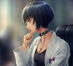 Rule 34 | 10s, 1girl, blunt bangs, choker, finger to own chin, highres, id card, jewelry, lab coat, nail polish, namako mikan, necklace, parted lips, persona, persona 5, short hair, solo, takemi tae, upper body