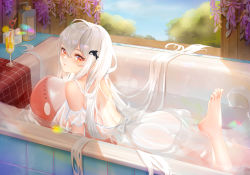 Rule 34 | 1girl, absurdres, ahoge, arknights, ass, bare shoulders, barefoot, bathtub, blush, breasts, chinese commentary, commentary request, cup, dress, drinking glass, drinking straw, feet, food, fruit, hair ornament, highres, inflatable orca, inflatable toy, large breasts, lemon, lemon slice, liu liaoliao, long hair, looking at viewer, no headwear, off-shoulder dress, off shoulder, orca hair ornament, parted lips, red eyes, silver hair, skadi (arknights), solo, thighs, very long hair, water, white dress