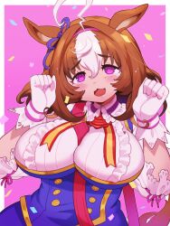 Rule 34 | 1girl, :3, @ @, ahoge, animal ears, between breasts, blush, border, breasts, buttons, clenched hands, commentary request, confetti, double-breasted, furrowed brow, gloves, hair between eyes, hair intakes, hairband, head tilt, highres, large breasts, long hair, looking at viewer, meisho doto (umamusume), multicolored hair, open mouth, outside border, pink background, purple eyes, sanjiro (tenshin anman), simple background, solo, tareme, tearing up, two-tone hair, umamusume, upper body, white border, white gloves, white hair