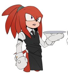 Rule 34 | 1boy, alternate hairstyle, animal nose, apron, chinese commentary, commentary request, furry, furry male, gloves, hair up, highres, knuckles the echidna, male focus, open mouth, ponytail, purple eyes, simple background, solo, sonic (series), standing, tray, waiter, white background, white gloves, yicuojinan