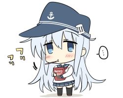 Rule 34 | ..., 1girl, anchor symbol, black hat, black sailor collar, black skirt, black thighhighs, blue eyes, box, commentary request, flat cap, food, full body, hat, hibiki (kancolle), hizuki yayoi, kantai collection, long hair, mouth hold, neckerchief, pleated skirt, pocky, red neckerchief, sailor collar, school uniform, serafuku, silver hair, simple background, skirt, solo, spoken ellipsis, standing, thighhighs, white background