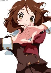 Rule 34 | 1girl, absurdres, artist name, blush, brown eyes, brown hair, brown shirt, brown skirt, closed mouth, hands up, hibike! euphonium, highres, interlocked fingers, kitauji high school uniform, long sleeves, looking at viewer, midriff peek, neckerchief, oumae kumiko, own hands together, pleated skirt, red neckerchief, sailor collar, school uniform, serafuku, shirt, short hair, signature, simple background, skirt, solo, white background, white gorilla (okamoto), white sailor collar