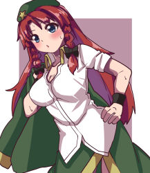 Rule 34 | 1girl, beret, braid, breasts, china dress, chinese clothes, cleavage, dress, green jacket, hat, hat ornament, highres, hong meiling, jacket, unworn jacket, large breasts, one-hour drawing challenge, red hair, renshirenji, shirt, short sleeves, solo, star (symbol), star hat ornament, tangzhuang, touhou, white shirt