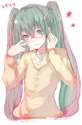 Rule 34 | 1girl, :d, adjusting eyewear, alternate costume, aqua hair, bespectacled, glasses, hands up, hatsune miku, long hair, long sleeves, looking at viewer, open mouth, red-framed eyewear, simple background, sketch, smile, solo, star (symbol), sweater, tetsuo (tashirosu), twintails, upper body, vocaloid, white background