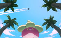 Rule 34 | aircraft, airplane, bounsweet, cloud, commentary request, creatures (company), day, from below, game freak, gen 7 pokemon, highres, nintendo, no humans, one-hour drawing challenge, outdoors, palm tree, pokemon, pokemon (creature), rend, sky, smile, solo, tree, yellow eyes