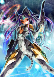 Rule 34 | 1girl, absurdres, abyss05, armor, bodysuit, breasts, center opening, covered navel, dual wielding, finger on trigger, gun, gunblade, headgear, highres, holding, leg armor, long hair, mecha musume, neon trim, original, purple hair, red eyes, sai (abyss05), serious, skin tight, slit pupils, solo, submachine gun, tail, trigger discipline, weapon