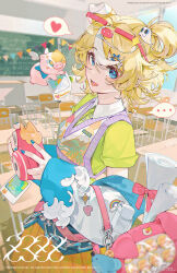 Rule 34 | 1girl, absurdres, blonde hair, blue eyes, blue nails, blush, camera, chinese commentary, classroom, eyewear on head, glasses, hair ornament, heart, highres, holding, holding camera, indoors, looking at viewer, multicolored hair, open mouth, orange skirt, original, pleated skirt, polaroid, semi-rimless eyewear, short hair, sidelocks, skirt, spoken heart, spoken object, star (symbol), star hair ornament, string of flags, two-tone hair, weibo logo, weibo watermark, z3zz4