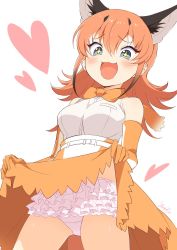 1girl animal_costume animal_ear_fluff animal_ears blue_eyes blush bow bowtie caracal_(kemono_friends) elbow_gloves gloves heart highres kamuraaa_615 kemono_friends long_hair looking_at_viewer open_mouth orange_hair panties shirt simple_background skirt sleeveless sleeveless_shirt smile solo tail underwear white_background white_shirt