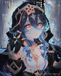 Rule 34 | + +, 1girl, absurdres, artist name, black gloves, blue hair, breasts, bright pupils, brown eyes, claw ring, commentary, corset, detached sleeves, english commentary, eyeshadow, genshin impact, gloves, hair between eyes, highres, hood, hood up, ichigowarano, layla (genshin impact), long hair, looking at viewer, makeup, medium breasts, orange eyeshadow, portrait, shirt, solo, strapless, strapless shirt, symbol-shaped pupils, veil, watermark, white pupils, white shirt
