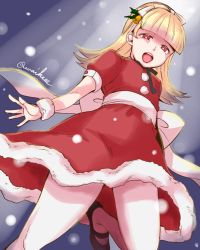 Rule 34 | 1girl, alice (megami tensei), blonde hair, dress, hair ribbon, hairband, long hair, looking at viewer, mary janes, megami tensei, open mouth, pantyhose, puffy sleeves, red eyes, ribbon, santa costume, shin megami tensei, shoes, simple background, smile, solo, yk (waikeee)