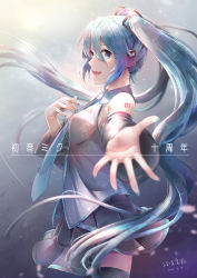 Rule 34 | 1girl, 2017, a ching, aqua hair, blue eyes, character name, dated, detached sleeves, foreshortening, from side, hatsune miku, headphones, highres, long hair, looking at viewer, necktie, open mouth, outstretched arm, skirt, solo, thighhighs, twintails, very long hair, vocaloid