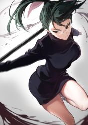 Rule 34 | 1girl, absurdres, blood, breasts, eyelashes, feet out of frame, floating hair, frown, glasses, green hair, grey background, highres, jujutsu kaisen, long hair, long sleeves, looking away, looking down, marse (rokudaime), miniskirt, motion blur, outstretched arms, pencil skirt, polearm, ponytail, rimless eyewear, school uniform, sideways glance, skirt, skirt set, socks, solo, standing, standing on one leg, unaligned breasts, weapon, white socks, zenin maki