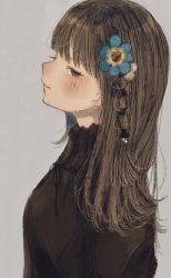 Rule 34 | 1girl, black dress, black eyes, blunt bangs, blush, braid, brown hair, commentary request, dress, expressionless, flower, hair flower, hair ornament, highres, long hair, looking at viewer, orie h, original, profile, side braid, simple background, solo, upper body