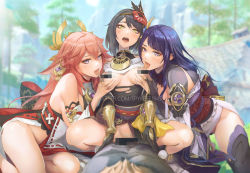 Rule 34 | 1boy, 3girls, bare shoulders, bisexual female, black hair, grabbing another&#039;s breast, breasts, breasts out, cowgirl position, genshin impact, girl on top, grabbing, group sex, hair ornament, highres, kujou sara, licking, licking breast, looking at viewer, multiple girls, no panties, open mouth, orgy, pink hair, pubic hair, purple hair, purple thighhighs, pussy, raiden shogun, riding, sex, side slit, spread legs, spykeee, straddling, thick thighs, thighhighs, thighs, tongue, tongue out, torn clothes, yae miko, yellow eyes