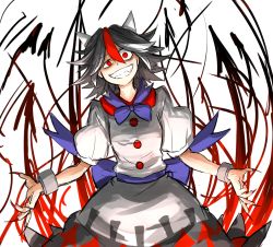 Rule 34 | 1girl, bad id, bad pixiv id, black hair, clenched teeth, cone horns, cuffs, evil grin, evil smile, fingernails, grin, highres, horns, kankan33333, kijin seija, long fingernails, multicolored hair, nail polish, red eyes, red hair, red nails, shackles, sharp fingernails, sharp teeth, smile, solo, streaked hair, teeth, touhou, uneven eyes, white background, white hair