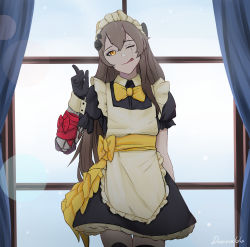Rule 34 | 1girl, :q, apron, bow, bowtie, brown hair, darkpulsegg, girls&#039; frontline, grey hair, highres, long hair, looking at viewer, maid, maid apron, maid headdress, one side up, pantyhose, scar, scar across eye, scar on face, smile, solo, straight-on, thighhighs, tongue, tongue out, ump45 (girls&#039; frontline), ump45 (mod3) (girls&#039; frontline), yellow bow, yellow bowtie, yellow eyes
