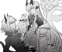 Rule 34 | 2girls, arknights, ascot, breasts, cang canggg, chinese commentary, commentary, dragon girl, dragon horns, dress, eblana (arknights), flame-tipped tail, from side, greyscale, hand up, highres, horns, jacket, jewelry, long hair, long sleeves, looking at another, medium breasts, monochrome, multiple girls, off shoulder, open clothes, open jacket, profile, ring, smile, talulah (arknights), thighhighs, torn clothes, torn thighhighs