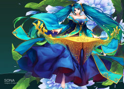 Rule 34 | 1girl, :d, bare shoulders, barefoot, blue dress, blue eyes, blue hair, breasts, character name, cleavage, copyright name, curry bowl, dress, etwahl, eyebrows, floral background, flower, full body, hair ornament, head tilt, instrument, large breasts, leaf, league of legends, light particles, long hair, long sleeves, looking at viewer, matching hair/eyes, music, open mouth, petals, playing instrument, smile, solo, sona (league of legends), twintails, very long hair, white flower, wide sleeves