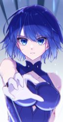 Rule 34 | 1girl, aroma (aaaaroma 6), blue eyes, blue hair, breasts, ciel (tsukihime), cleavage, gradient background, highres, large breasts, looking at viewer, parted lips, scar, short hair, solo, tsukihime, upper body