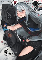 Rule 34 | !?, 1girl, 1other, arknights, ascot, belt, black belt, black capelet, black coat, black gloves, black headwear, black pants, blouse, blush, breasts, capelet, check translation, clothing cutout, coat, commentary, cowboy shot, doctor (arknights), drooling, gloves, grey ascot, grey shirt, hair between eyes, hand on another&#039;s head, hat, heart, highres, holding, holding clothes, holding hat, hood, hooded coat, hug, infection monitor (arknights), kaguura (kagu), long hair, medium breasts, on bed, open mouth, pants, partially translated, red eyes, shirt, silver hair, skadi (arknights), sleeping, sweat, thigh cutout, thighs, thought bubble, translation request, veins, veiny arms, veiny hands, very long hair, visor, zzz